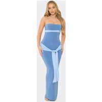 Bandeau Cut Out Drape Detail Colour Block Maxi Dress In Blue Slinky, Women's Size UK 14