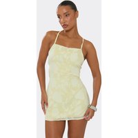 Strappy Tie Back Detail Mini Dress In Lemon Floral Print Chiffon, Women's Size UK 14