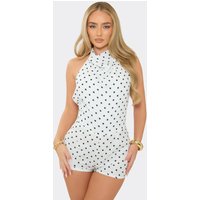 High Cowl Neck Tie Back Playsuit In White Polka Dot, Women's Size UK 16