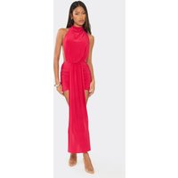 High Neck Drape Front Detail Ruched Backless Mini Dress In Red, Women's Size UK 14
