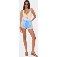 Mid Rise Tie Waist Lace Trim Shorts In Blue Satin, Women's Size UK 14