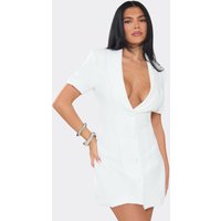 Short Sleeve Plunge Front Cinched Waist Tailored Mini Dress In Ivory, Women's Size UK 6