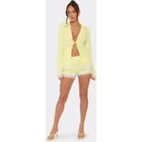 Pocket Detail Lace Trim Mini Shorts In Lemon, Women's Size UK 10