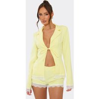 Long Sleeve Tie Front Lace Trim Top In Lemon, Women's Size UK 10