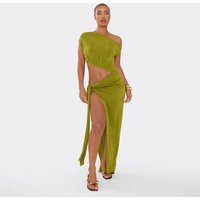 Off The Shoulder Cut Out Tie Side Maxi Dress In Green, Women's Size UK 10