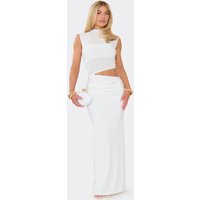 Short Sleeve High Neck Mesh Panel Cut Out Maxi Dress In White, Women's Size UK 16