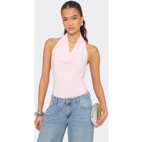 Halterneck Cowl Front Bodysuit In Baby Pink Slinky, Women's Size US 10