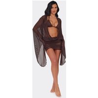 Exaggerated Flared Sleeve Open Front Lace Trim Blouson Beach Mini Dress In Chocolate Brown, Women's Size UK 10