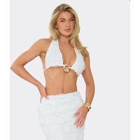 Halterneck Trim Detail Plunge Top In White Texture, Women's Size US 6