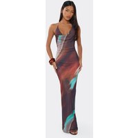 Cowl Front Halterneck Maxi Dress In Brown Ombre Print, Women's Size US 12