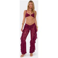 Ruched Front Frill Detail Flared Leg Beach Trousers In Burgundy Lace, Women's Size US 8