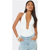 Halterneck Plunge Front Detail Bodysuit In White Slinky, Women's Size UK XL