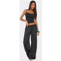 Mid Rise Lace Trim Detail Wide Leg Floaty Trousers In Black Satin, Women's Size UK 10