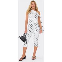 Off The Shoulder Tie Detail Top And Capri Trousers Co-Ord Set In White Polka Dot Print, Women's Size UK 8