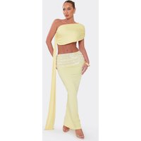 One Shoulder Draped Detail Top And Sequin Panel Maxi Skirt Co-Ord Set In Lemon Slinky, Women's Size UK 12