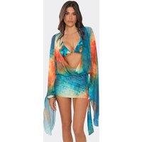Plunge Cowl Neck Flared Sleeve Open Back Mini Dress In Blue Abstract Print, Women's Size UK 10