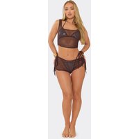 Low Rise Ruched Mini Shorts In Brown Mesh, Women's Size UK 6