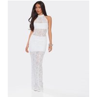 High Neck Open Back Maxi Dress In White Lace, Women's Size UK 14