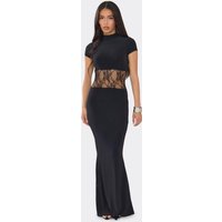High Neck Lace Panel Maxi Dress In Black, Women's Size UK 10