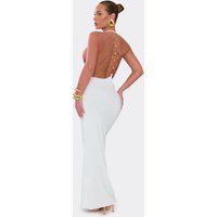 Plunge Neck O Ring Back Detail Maxi Dress In White, Women's Size UK 12