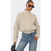 High Neck Belt Detail Aviator Jacket In Stone Wool, Women's Size UK 14