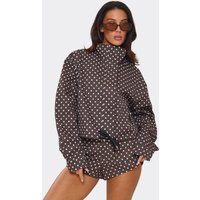 Long Sleeve High Neck Tie Hem Detail Jacket And Shorts Co-Ord Set In Brown Polka Dot., Women's Size UK S