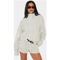 Long Sleeve High Neck Tie Hem Detail Jacket And Shorts Co-Ord Set In White Polka Dot, Women's Size UK XS