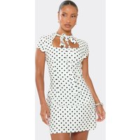 Cap Sleeve Tie Front Detail Mini Dress In White Polka Dot, Women's Size UK S