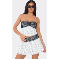 Bandeau Lace Panel Detail Corset Top In White Polka Dot, Women's Size UK 10
