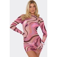 Long Sleeve Scoop Back Mini Dress In Pink Swirl Print, Women's Size UK 12