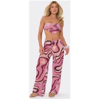 Mid Rise Wide Leg Trousers In Pink Swirl Print, Women's Size UK 6