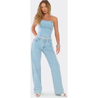 Mid Rise Lace Trim Straight Leg Jeans In Blue Denim, Women's Size UK 8