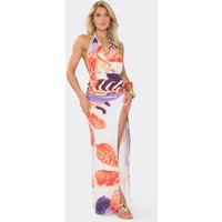 Halterneck Plunge Front Side Split Maxi Dress In Multi Abstract Print, Women's Size UK 12