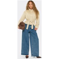 Long Sleeve Tie Waist Collared Jacket In Faux Suede, Women's Size UK 14