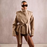Long Sleeve Funnel Neck Tie Waist Jacket In Beige Wool, Women's Size UK 14