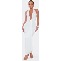 Plunge Halterneck Draped Front Maxi Dress In White, Women's Size UK 12