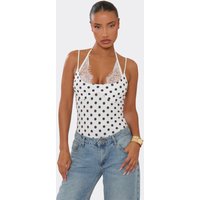 Strappy Lace Trim Bodysuit In White Polka Dot, Women's Size UK 16