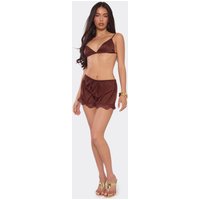 Mid Rise Tie Waist Lace Trim Mini Shorts In Chocolate Satin, Women's Size US 2