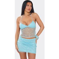 Strappy Halterneck Sheer Top In Blue Sequin, Women's Size US 6