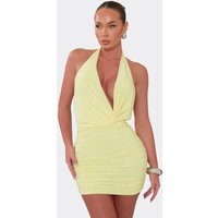 Halterneck Plunge Draped Front Ruched Mini Dress In Lemon, Women's Size UK 6