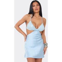 Strappy Cut Out Sequin Bust Mini Dress In Blue Satin, Women's Size UK 14