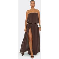 Bandeau Blouson Side Split Maxi Dress In Dark Chocolate Brown, Women's Size US 4
