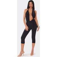 Halterneck Plunge Front Knot Detail Ruched Waist Jumpsuit In Black, Women's Size UK 12