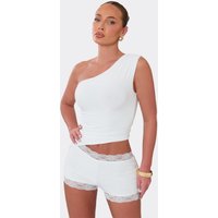 One Shoulder Lace Trim Detail Cut Out Playsuit In Ivory Slinky, Women's Size UK 6