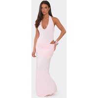 Plunge Bodysuit Detail Ruched Maxi Dress In Pink, Women's Size UK 14