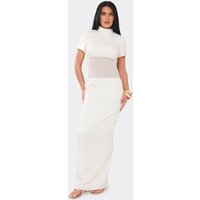 High Neck Short Sleeve Mesh Panel Maxi Dress In Cream Satin, Women's Size UK 10