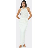 Sleeveless Lace Detail Drape Maxi Dress In Cream Satin, Women's Size UK 14