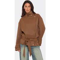 Long Sleeve High Neck Oversized Belted Jacket In Brown, Women's Size US 8