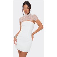 High Neck Lace Cape Detail Bandeau Mini Dress In White, Women's Size UK 14