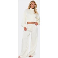 Low Rise Wide Leg Trousers In Cream Satin, Women's Size UK 10
